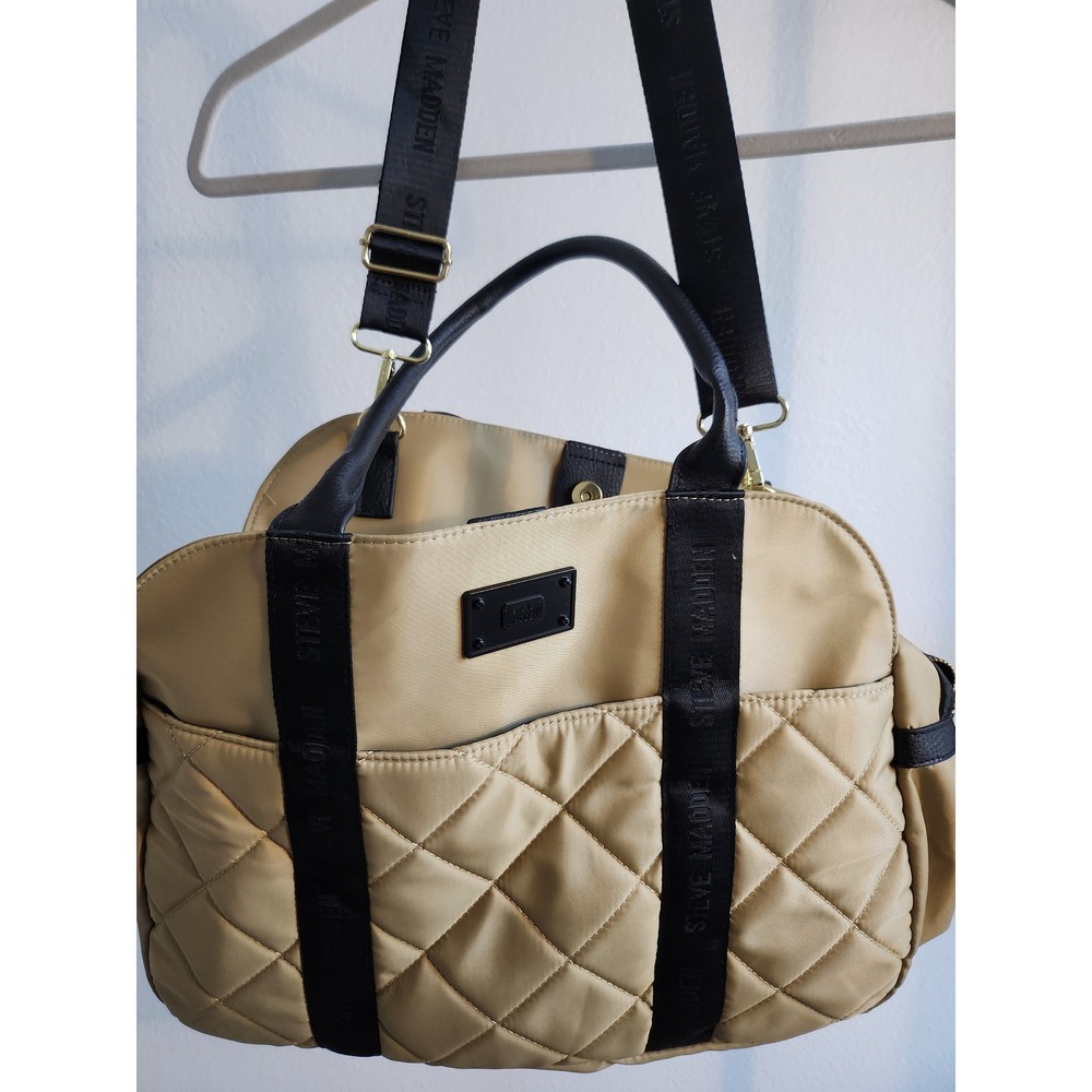 Steve Madden Quilted Satchel Convertible Crossbody Bag Tan Black Gold Trim
